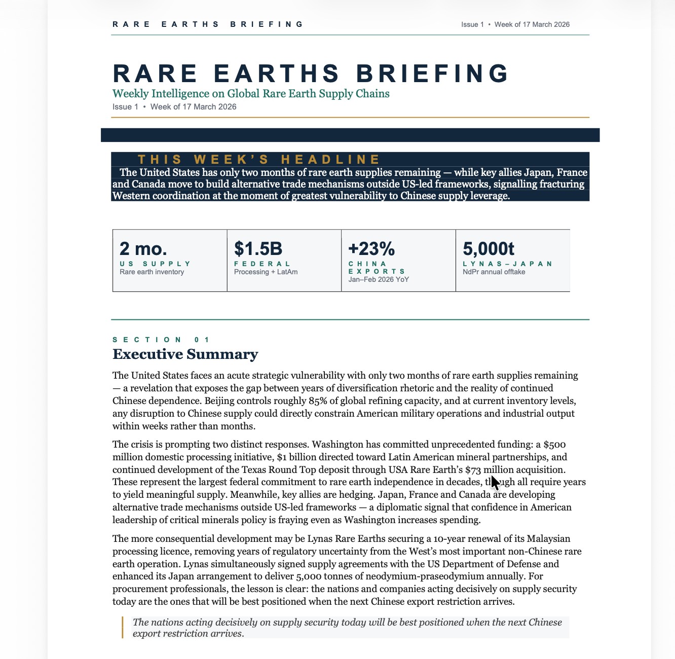 Rare Earths Briefing Issue 1 cover page
